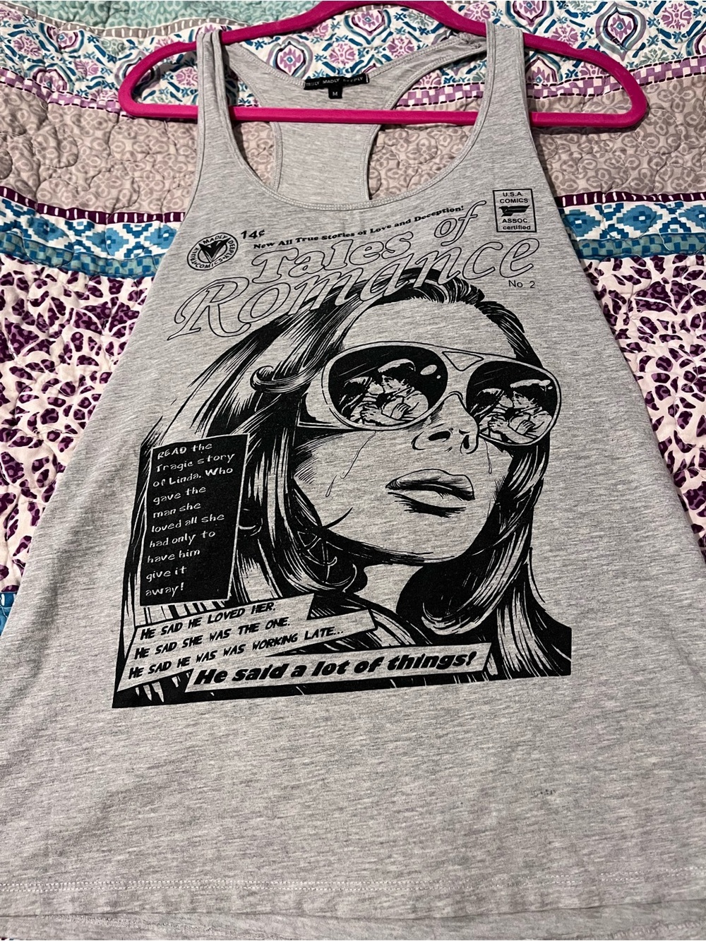 Truly Madly Deeply Grey Racerback Graphic Tank with Black Comic Print